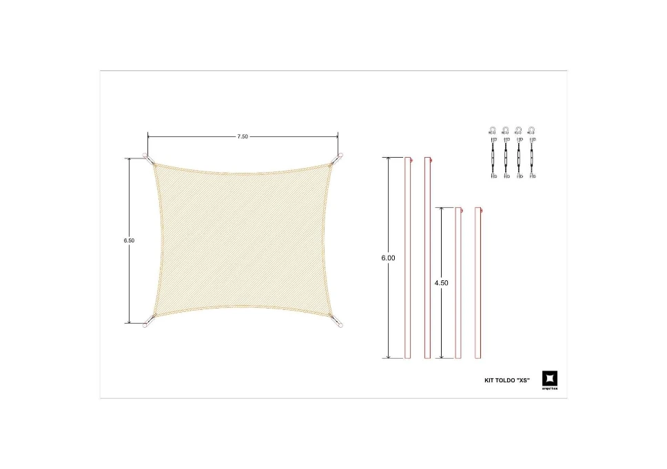 KIT TOLDO VELA “XS” o toldo tipo FAHNEU TS-004 7,5 x 6,5 m | Sombra
de 40 m2.