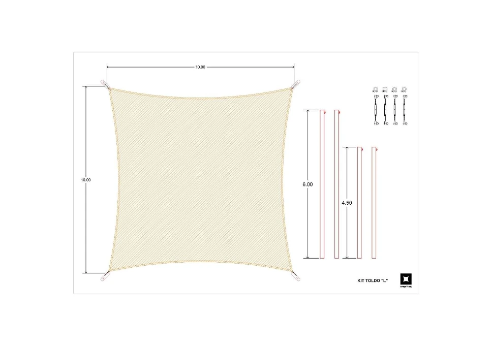 KIT  TOLDO VELA “L” 10 x 10 m o toldo tipo FAHNEU TS-002 Sombra Textil de 86 m2.