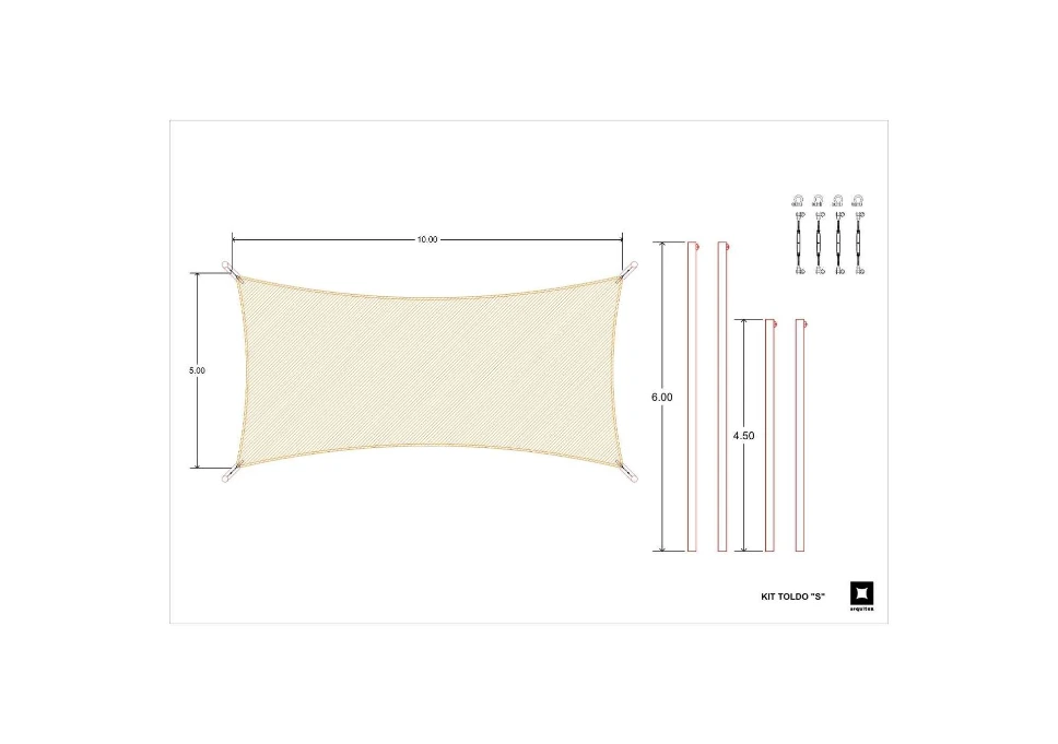 KIT  TOLDO VELA “S” o toldo tipo FAHNEU TS-009 10 x 5 m | Sombra de 42 m2 (ARIZONA)