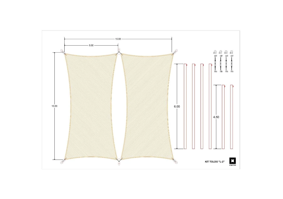 KIT  TOLDO L-2 velas,   10 x 10 m o toldo tipo FAHNEU TS-009 Sombra Textil de 84 m2.