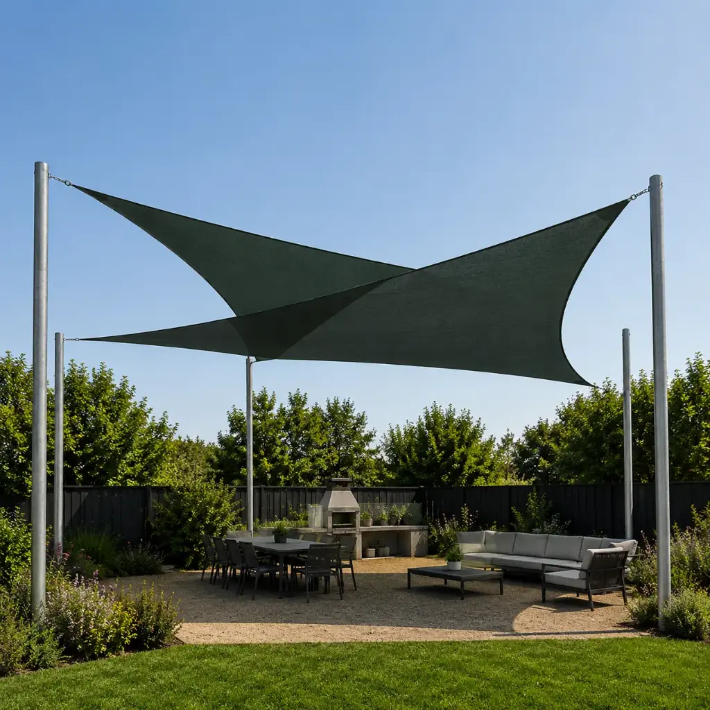 Kit 2 Toldos Vela 10 × 10 m | 2 Velas + Tensión Inox + 6 Pilares Galvanizados | 84 m² de Sombra