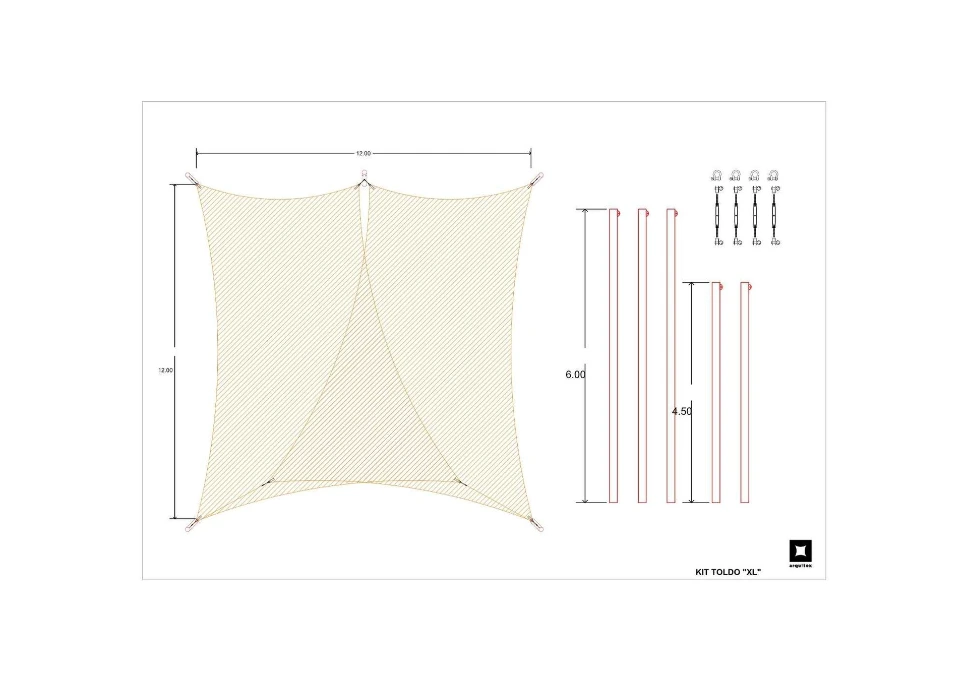 KIT  TOLDO XL-2 VELAS 12 x 12 mts o toldo tipo FAHNEU TS-010, Sombra Textil de 113 m2.